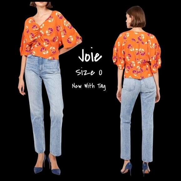 Joie Harlee Short Sleeve Floral Top Blouse Orange Size 0 New With Tag - Picture 1 of 4